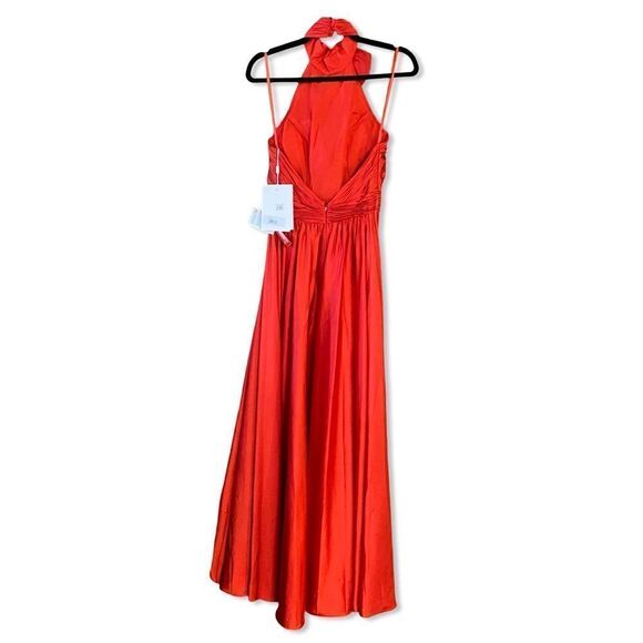 NWT Mac Duggal Red Soft Tie Halter Neck High Slit Gown dress rosette chiffon 0 - Picture 7 of 12